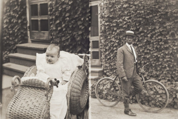 Split negative: A baby in a carriage (left); a man posing with his bicycle (right), about 1904
